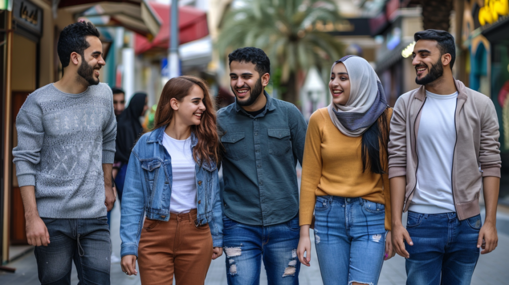 Arabic guys and girls talking in the streets