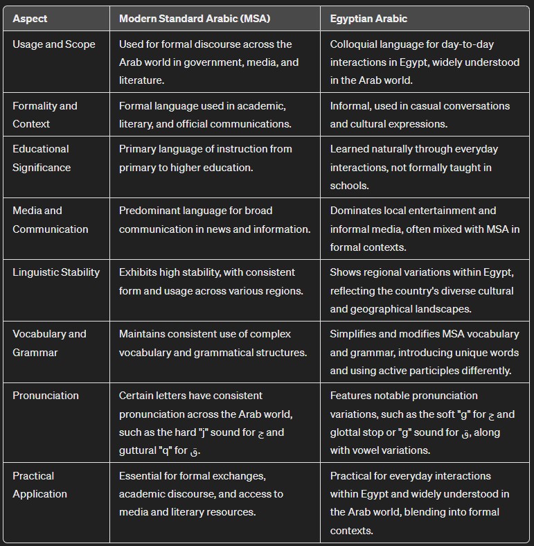 An image summarizing the main differences between MSA and Egyptian Arabic