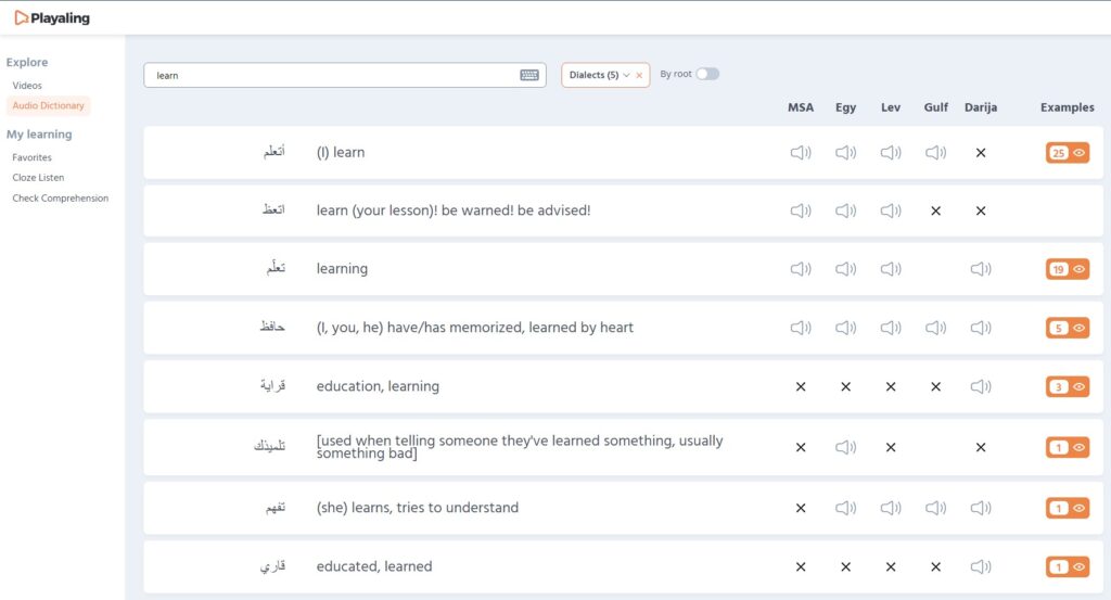 A screenshot of Playaling's dictionary showing translations from English to MSA